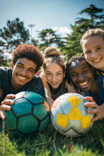 Joyful friends gathered on the grass, holding balls and smiling at the camera, showcasing the joy of sports and friendship
