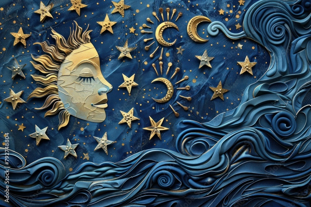 Celestial Harmony Sun, Moon, Stars, and Waves in a Blue Sky Painting Celestial Harmony Sun, Moon, Stars, and Waves in a Blue Sky Painting
