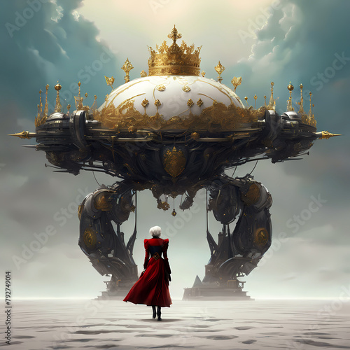 Royal crown robot standing in mysterious space, senior companion going for a walk, abstract nature background, illustration wallpaper
