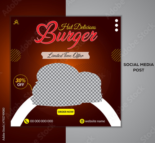 Delicious burger and french fries social media post template. Restaurant Burger Social Media Post Design