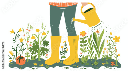 Person in yellow rubber boots watering plants in gard