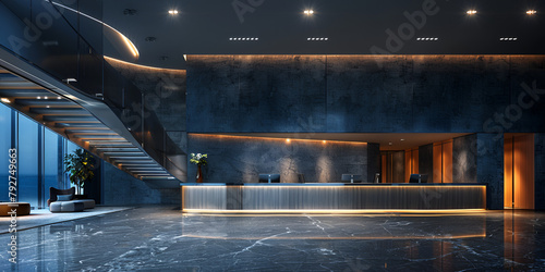 Modern office building- Lobby 3d rendering reception interior design empty space futuristic showroom