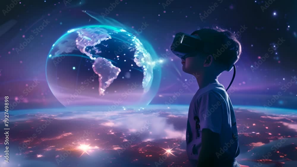 A young boy is looking at a globe through a virtual reality headset. The globe is surrounded by a blue and white background, giving the impression of a futuristic space scene A young boy is looking at a globe through a virtual reality headset. The globe is surrounded by a blue and white background, giving the impression of a futuristic space scene
