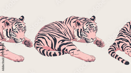 Pink tiger lies in three Four poses. Hand drawn vector