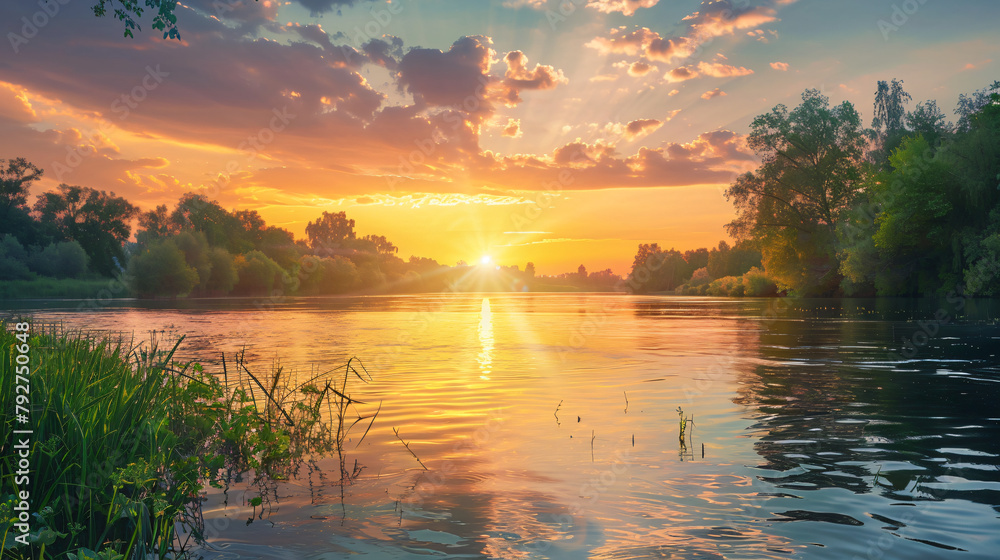 Sunset or sunrise on the river. Nature background 