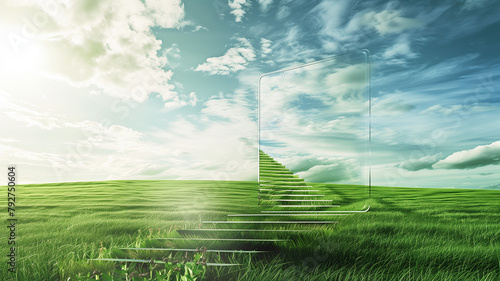wide shot of a floating transparent framewith a staircase emerging from the laptop screen, merging green farm and clear sky photo