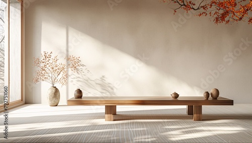 A minimalistic Japanese Zen interior, with natural elements like wood and plants, inducing tranquility and contemplation