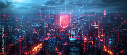 Illustration of glowing shield protecting networked city  symbolizing data protection in futuristic cyber security visualization.