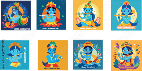 Happy Janmashtami festival  lord Krishna  Vector illustration set 