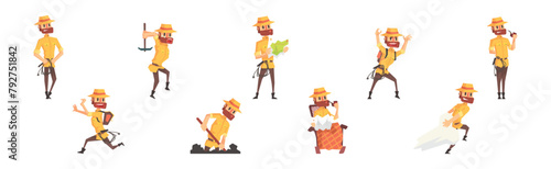 Bearded Man Archaeologist Scientist Character in Different Situation Vector Set