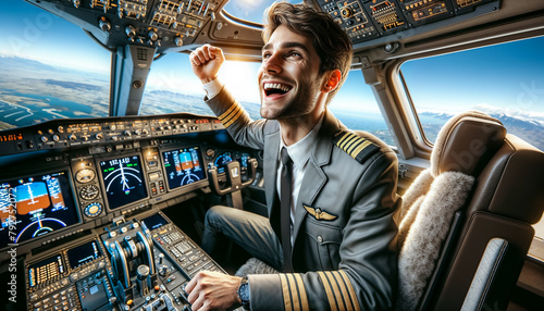 Portrait of smiling plane captain in uniform preparing flight in plane cabin