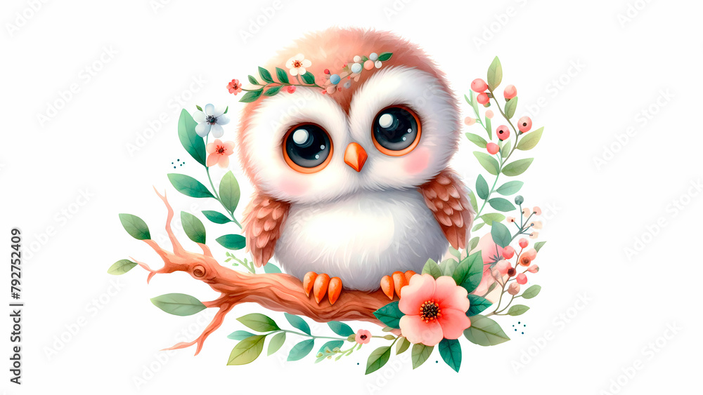 Obraz premium Sweet little owl watercolor image
