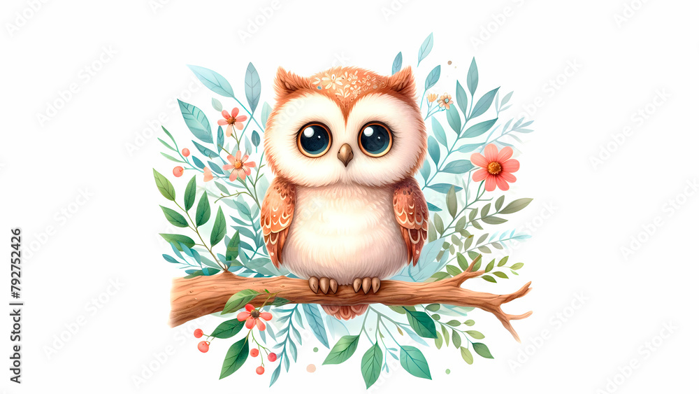 Obraz premium Sweet little owl watercolor image
