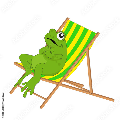 Grenouille assise sur une chaise-longue, sur fond blanc