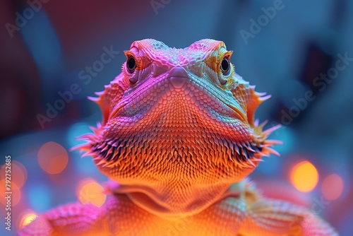 Bearded Dragon: Basking under a heat lamp with a curious expression, appealing to pet enthusiasts.  photo
