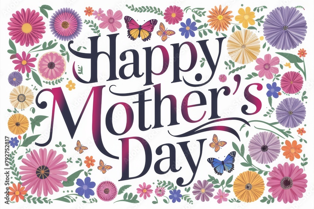 Obraz premium Mothers Day Card With Flowers and Butterflies