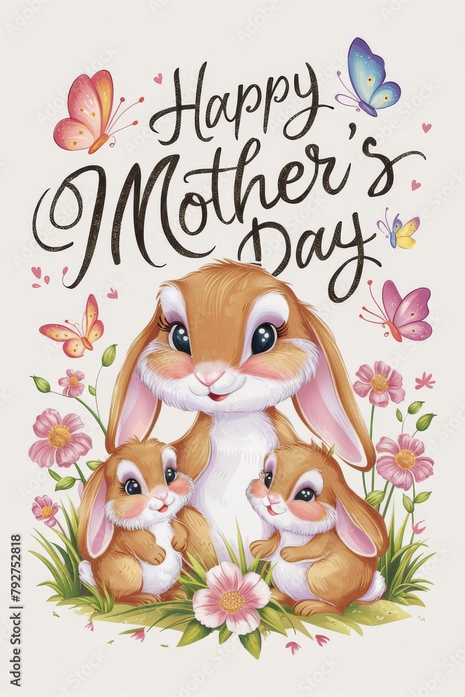 Fototapeta premium Mothers Day Card Featuring Bunny and Two Babies