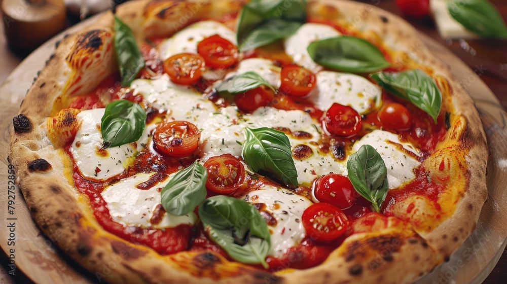 Margherita fresh Italian traditional pizza garnished with fresh basil and tomato Margherita fresh Italian traditional pizza garnished with fresh basil and tomato