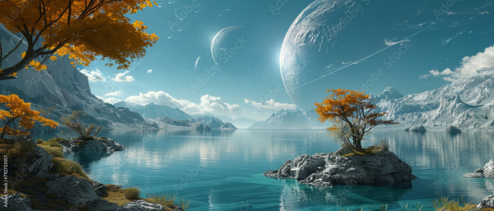 A surreal planet with crystal-clear lakes reflecting multiple moons, bioluminescent trees dotting the shores.
