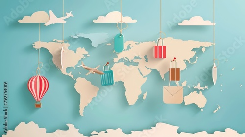 a minimalist world map as the background. Layer simple abstract shapes like luggage tags airplanes and hot air balloons in contrasting colors for a global travel feel