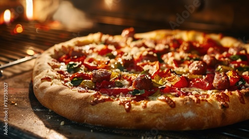 Close up of freshly baked Italian pizza in a wooden oven on blurred background.