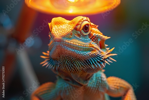 Bearded Dragon: Basking under a heat lamp with a curious expression, appealing to pet enthusiasts. 