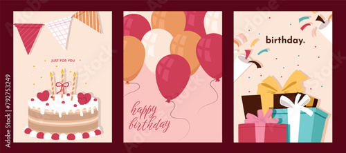 Set of Birthday greeting cards with cake, gift box, balloons. Holliday, party, vacation, happy birthday. Vector templates for card, poster, flyer, banner and other