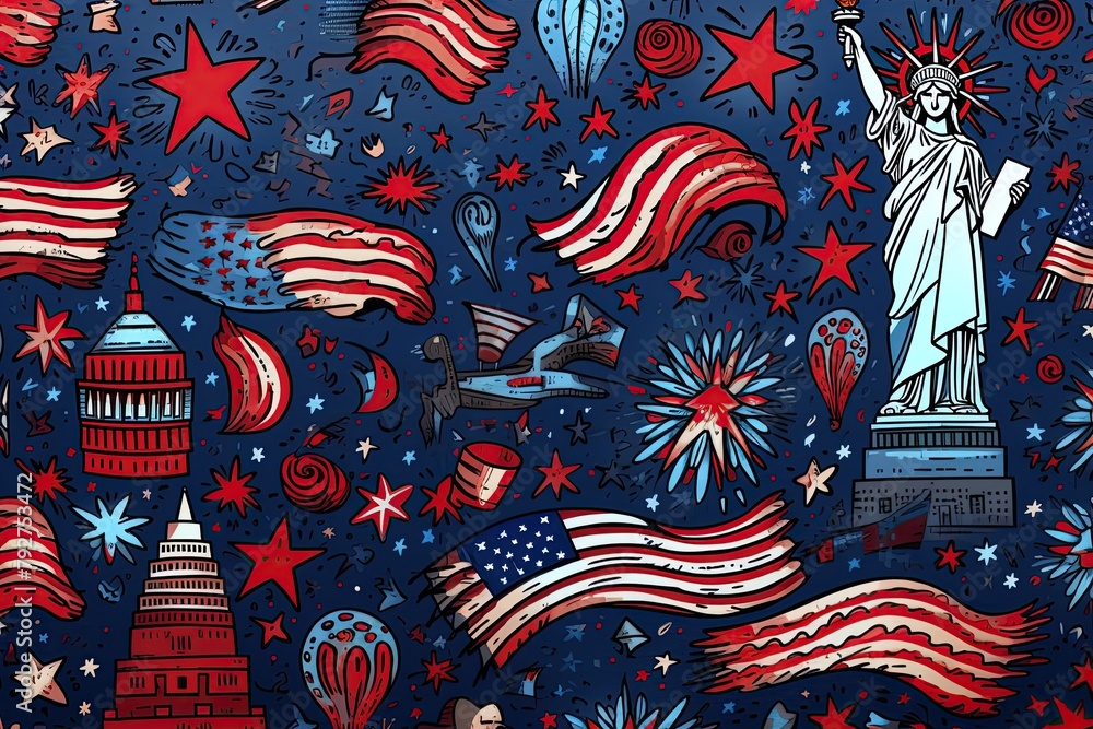 Fototapeta premium Independence day in America. Doodle art drawing with Statue of Liberty and american flag and colors. Ai Generative