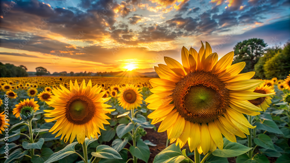 A vibrant field of sunflowers stretching to the horizon. ai