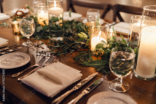 Gold and Green Candlelight Winter Wedding Theme Place Setting
