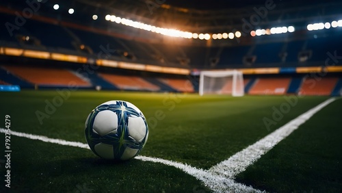  Portrait of a soccer ball in a empty stadium field against a goal post