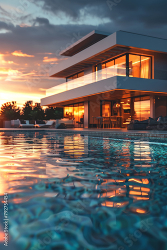 Explore a luxurious modern house featuring sleek design, generous windows, and a captivating infinity pool, offering the ultimate in contemporary living. © ChubbyCat