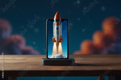 A 3D rocket is coming out from a smartphone screen. rocket launching. Concept of innovation or growth or success 