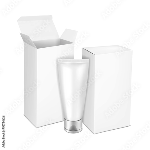 Squeeze tube with screw flip top cap and blank white carton packaging. Realistic mockup. Plastic collapsible tube with paperboard box mock-up. Skincare product pack. Vector template for design