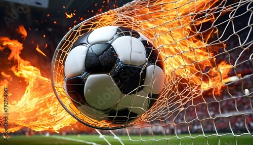 Portrait of a soccer ball covered with fire hitting the net of goal post with high speed