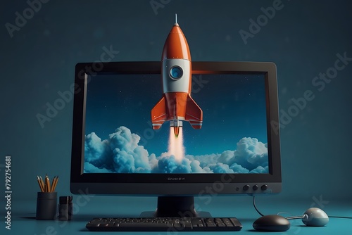 A 3D rocket is coming out from a desktop monitor. rocket launching. Concept of innovation or growth or success 