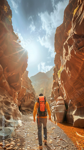 A man in a yellow shirt and blue jeans is walking through a canyon