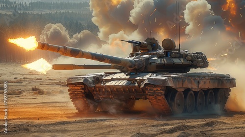 An experimental tank with four cannon barrels is firing several shells at its opponents. world war. desert landscape background. Generative AI. photo