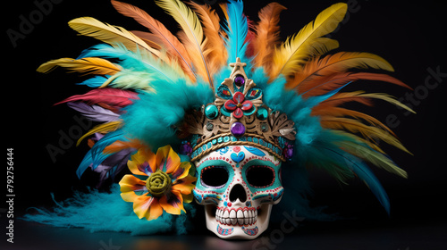Skull adorned with a vibrant headdress featuring colorful feathers, showcasing a unique and striking visual. Cinco de Mayo mood. © keystoker