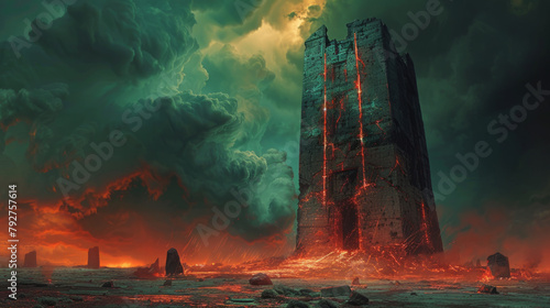 A mysterious necromancer's tower looming over a desolate landscape, illuminated by eerie magical storms. photo