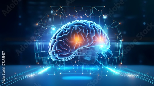 3D rendering of human brain in front of technology background. Artificial intelligence concept