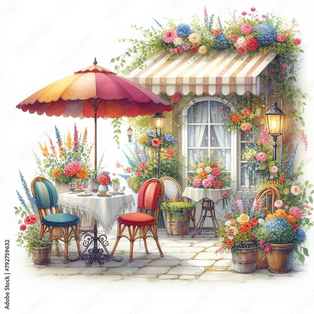 흰 배경, 카페, 수채화 (White background, cafe, watercolor)