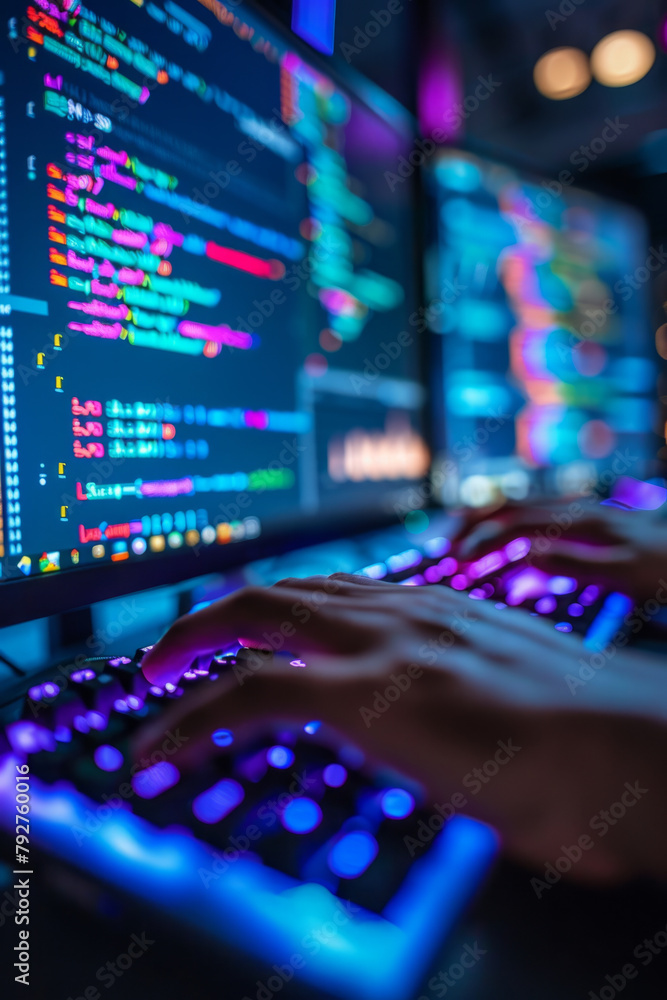 Computer programming in machine learning with colorful syntax highlighting, hands typing on keyboard. Computer programming in machine learning with colorful syntax highlighting, hands typing on keyboard.