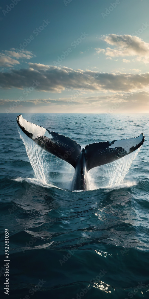 Fototapeta premium The tail of a majestic humpback whale breaches the surface of the Pacific Ocean, glistening in the sunlight at sunset