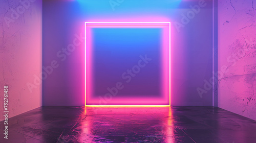 A white canvas or wall framed by a glowing neon light stands in a room bathed in pink and blue hues. Copy space. Background. Wallpaper.