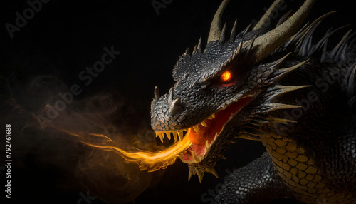 cabeza de dragón que esta lanzando fuego por la boca con fondo oscuro photo