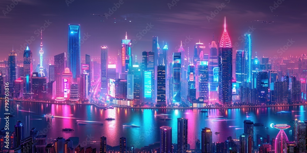 a futuristic, neon-lit cityscape with sleek skyscrapers, holographic advertisements, and flying cars zipping by 16k ultra HD resolution