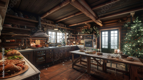 cozy kitchen in wooden cabin, table in foreground with gingerbread  © Kholoud