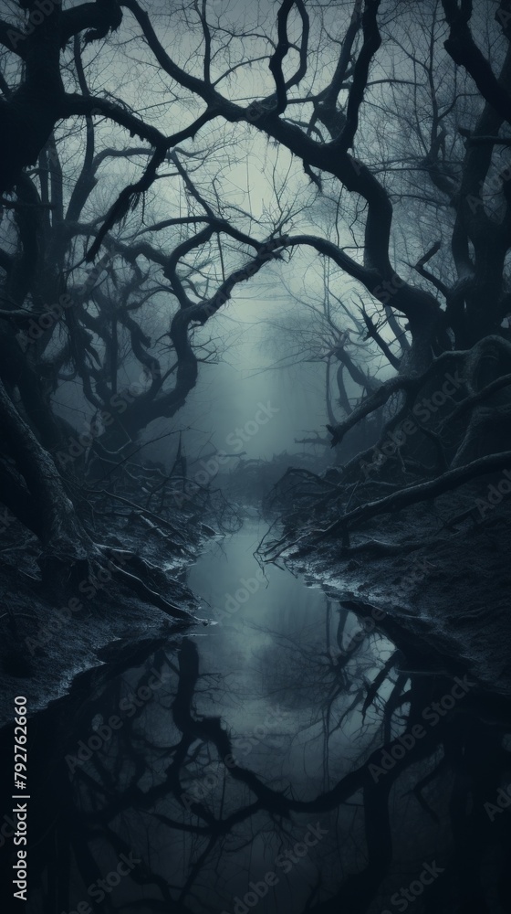 A dark and mysterious forest with a river running through it. The trees are tall and the branches are twisted and gnarled. The water is still and dark, reflecting the light of the moon.