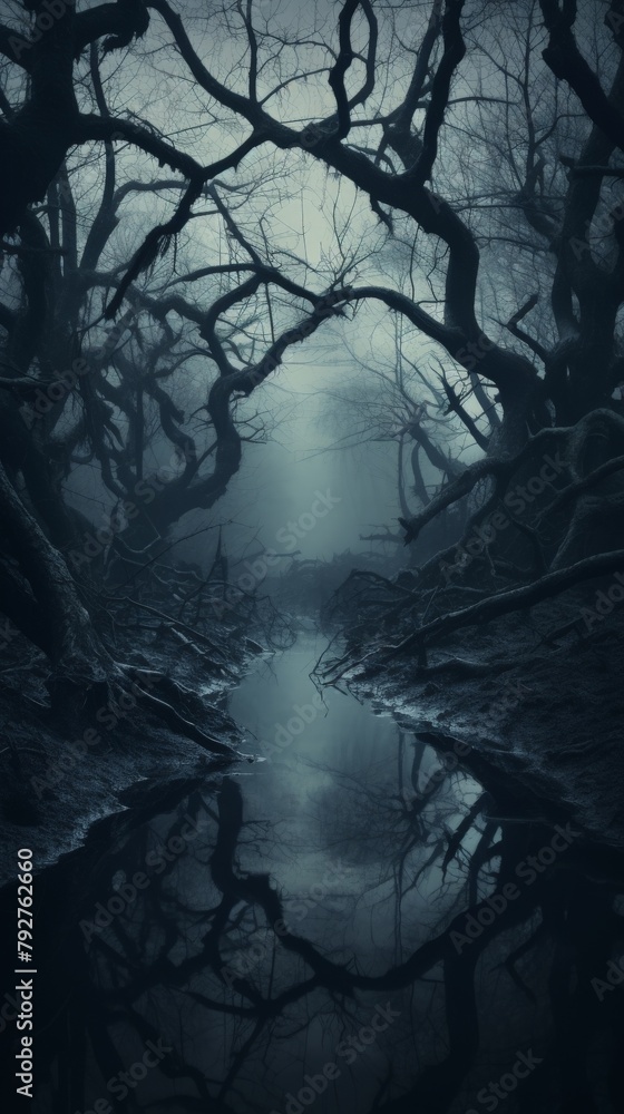 Obraz premium A dark and mysterious forest with a river running through it. The trees are tall and the branches are twisted and gnarled. The water is still and dark, reflecting the light of the moon.